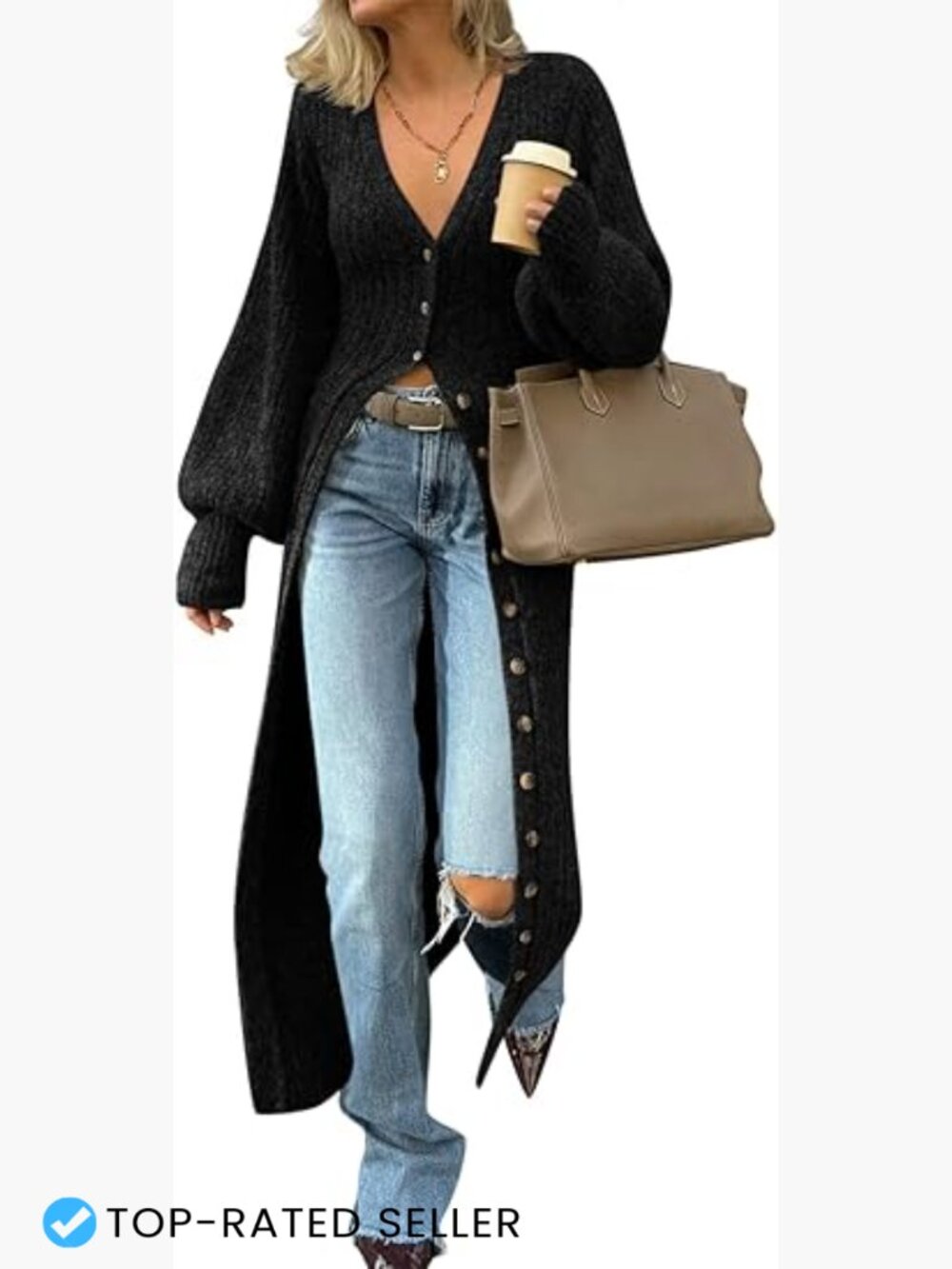 Chunky Knit V-Neck Button Down Maxi Cardigan Sweater Dress Duster Coat